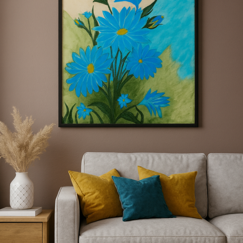 painting, flowers, nature, blue flowers, wall, sofa, interior, living room, cushions, vase, pampas grass, decoration, picture frames, brown color, flower wallpaper, modern art, art gallery, simplicity, colors, flower background, autumn, beautiful flowers, beautiful, cozy