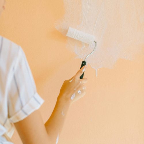 A person using a paint roller to apply white paint on a wall, emphasizing a home renovation theme.