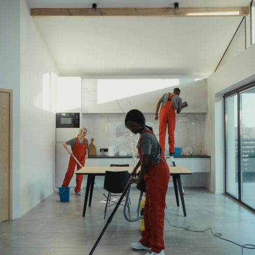 A diverse group of professionals cleaning a modern home interior.