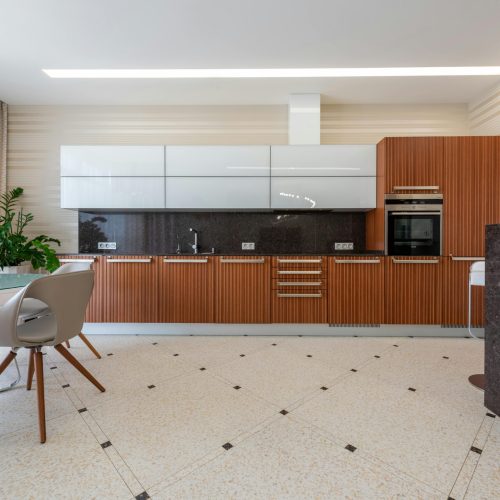 Contemporary kitchen with modern appliance and black counter with wooden cupboards placed near table with chairs and green potted plant on tiled floor